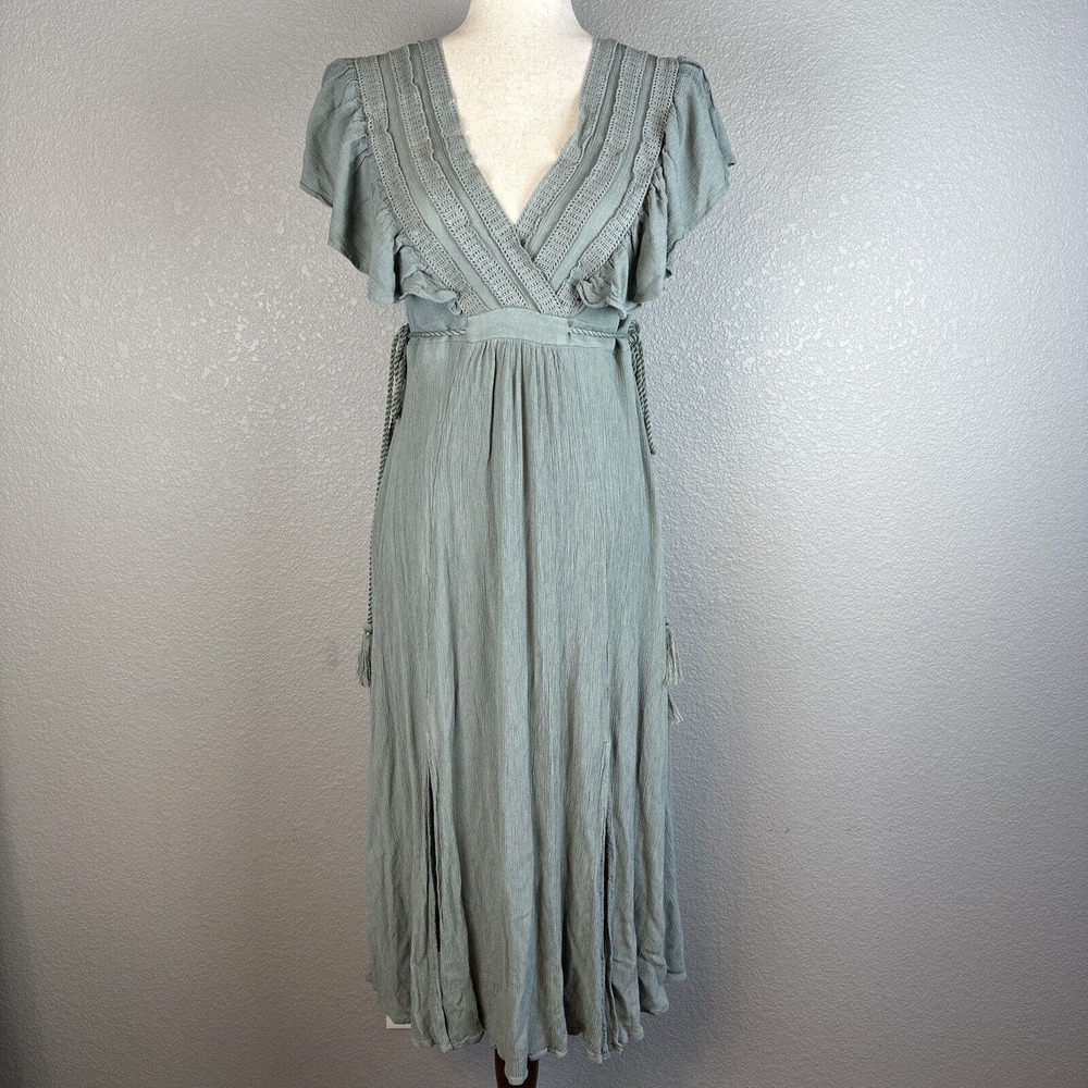 Baltic Born Women Jennifer Deep V Maxi Dress Size M Medium Sage Green Tassel Tie